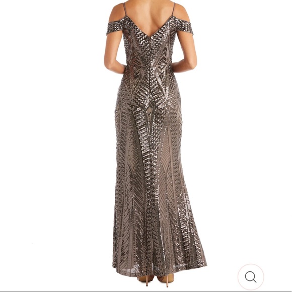 Nightway Off the Shoulder Sequin Gown in Mocha - Picture 2 of 6